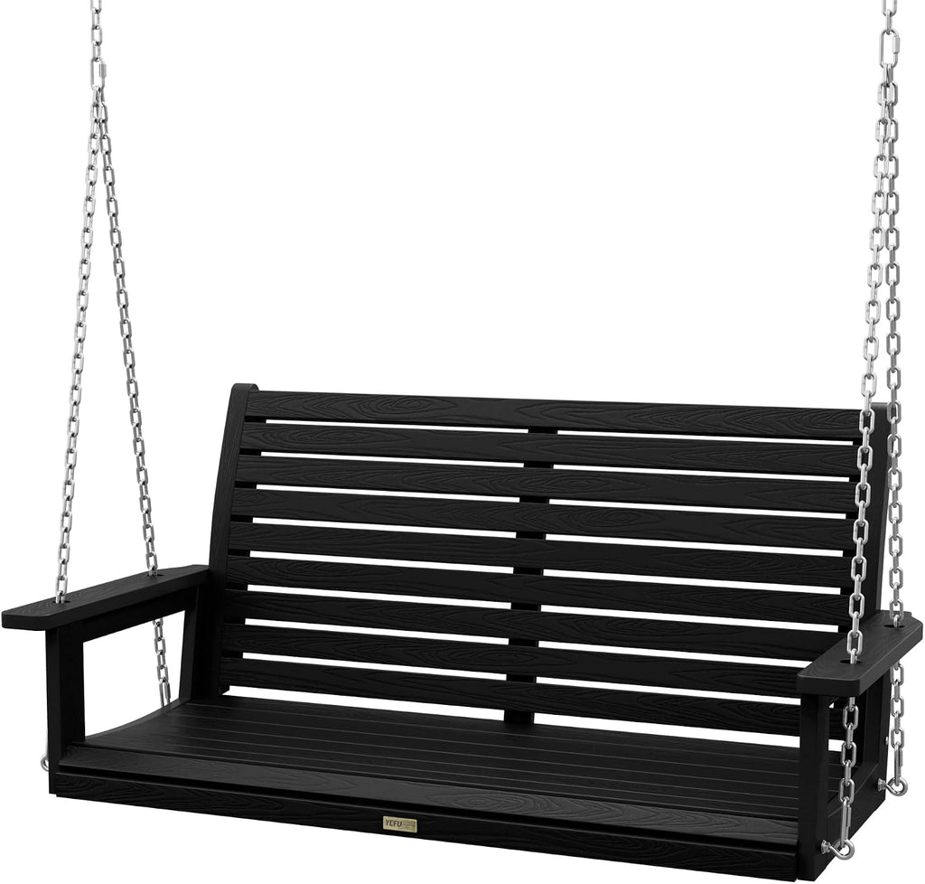YEFU Hanging Porch Swing Outdoor: 2-Seat Patio Swing Bench-All Weather Swings Chair with Hanging Chains-Look Like Real Wood-Garden/Courtyard/660Lbs Weight Capacity/4FT/Black