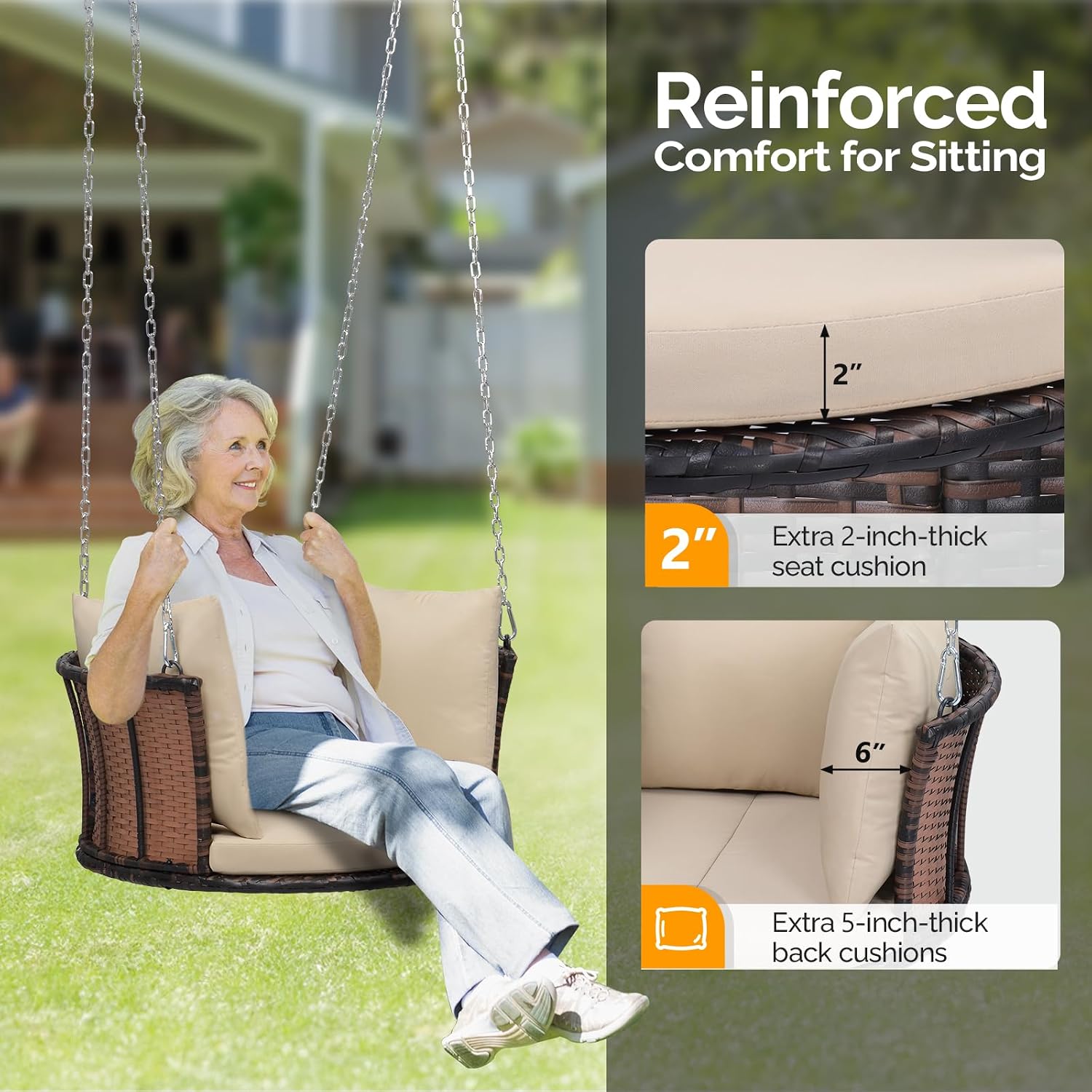 VINGLI 2.4 FT 1-Person Use Round Rattan Porch Swing Outdoor Support 440 LBS with Cushions & Adjustable Chains, Patio Wicker Swing Bench Chair for Garden, Yard, Lawn, Tree, Brown