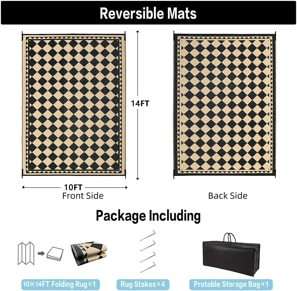 HUGEAR Outdoor Waterproof Rug 10'x14' Plastic Straw Rugs Washable Reversible Floor Mat Beige Plaid Carpet for Camping RV Deck Entryance Porch Picnic Balcony Beach Backyard