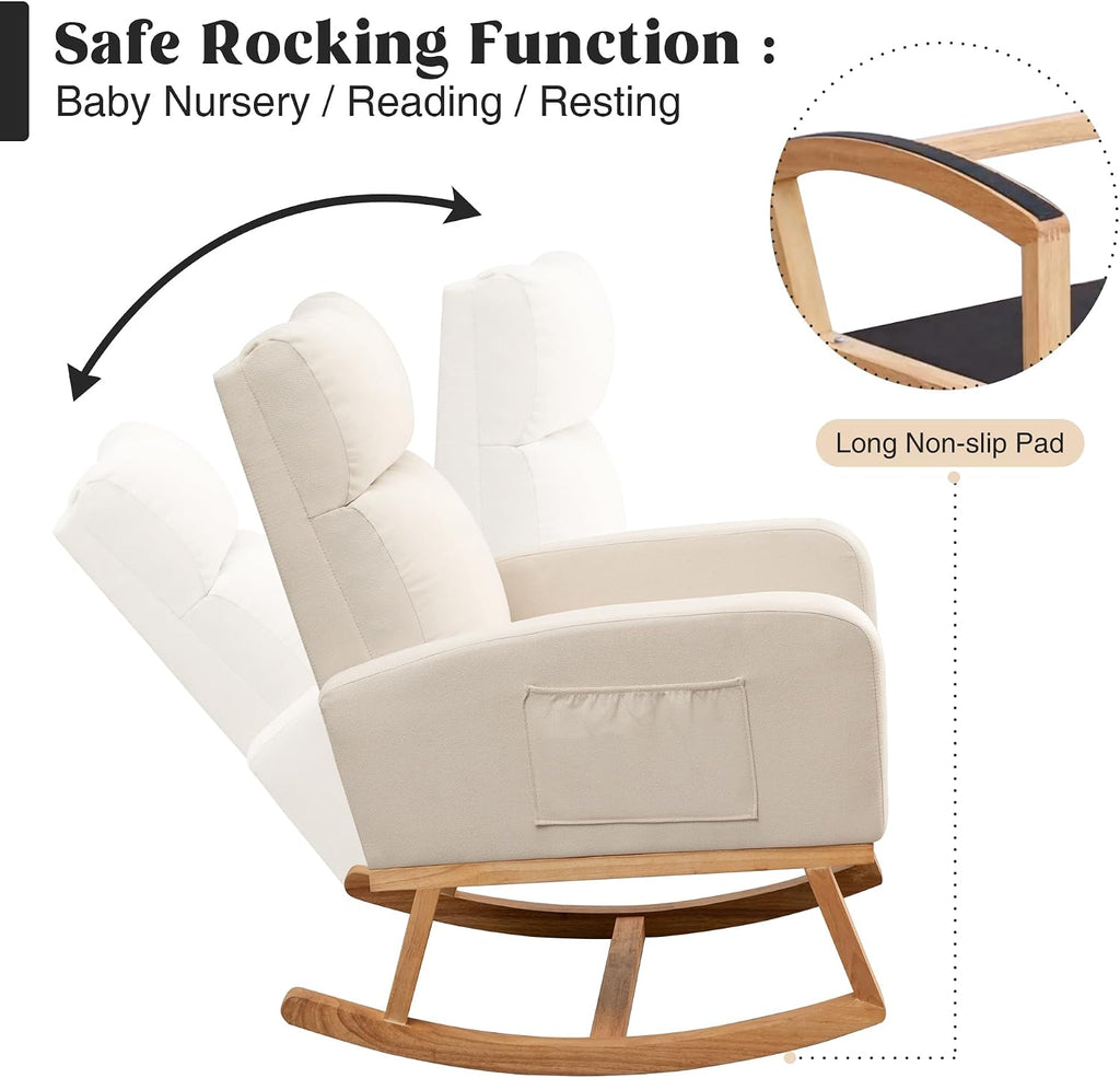 HCHAIRH Rocking Chair Nursery, Upholstered Nursing Rocker Chairs with High Backrest, Modern Glider Rocking Chair for Nursery Living Room, Bedroom, Cream