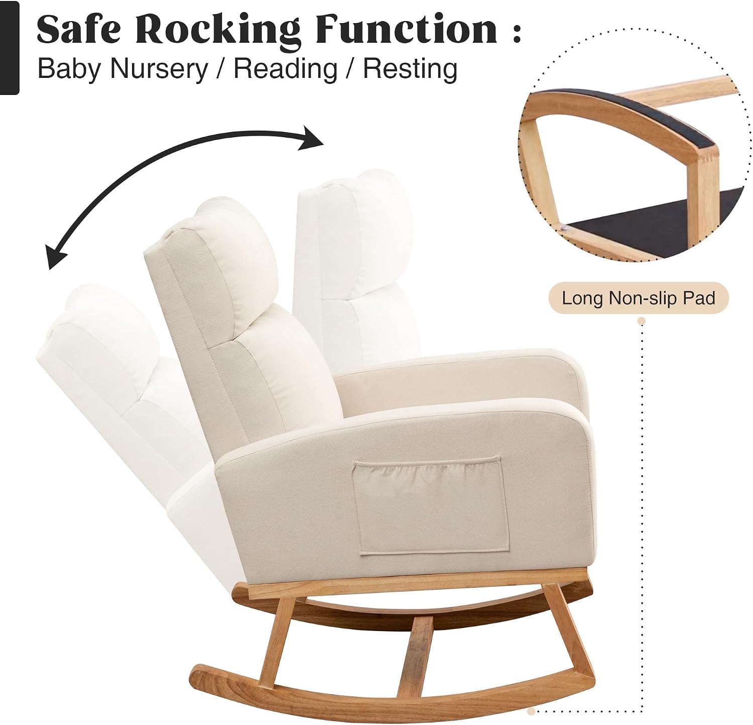 HCHAIRH Rocking Chair Nursery, Upholstered Nursing Rocker Chairs with High Backrest, Modern Glider Rocking Chair for Nursery Living Room, Bedroom, Cream