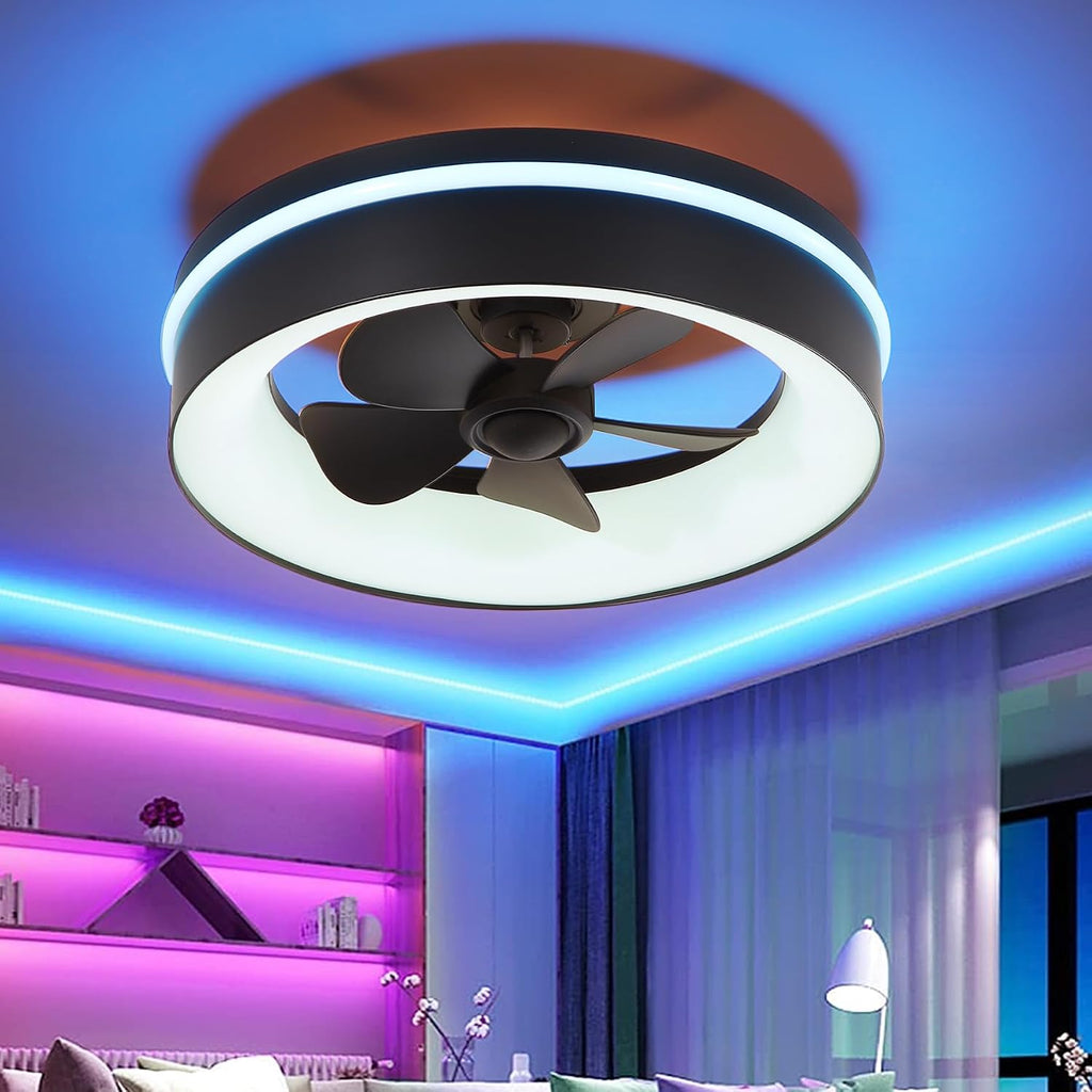 Smart Low Profle Ceiling Fans with RGB Lights Remote/APP Control, 18' Bladeless Ceiling Fans with 6 Speeds, Timer, Quiet DC Motor,for Gazabo,Game Room,Kids Bedroom,Living Room,Home Office