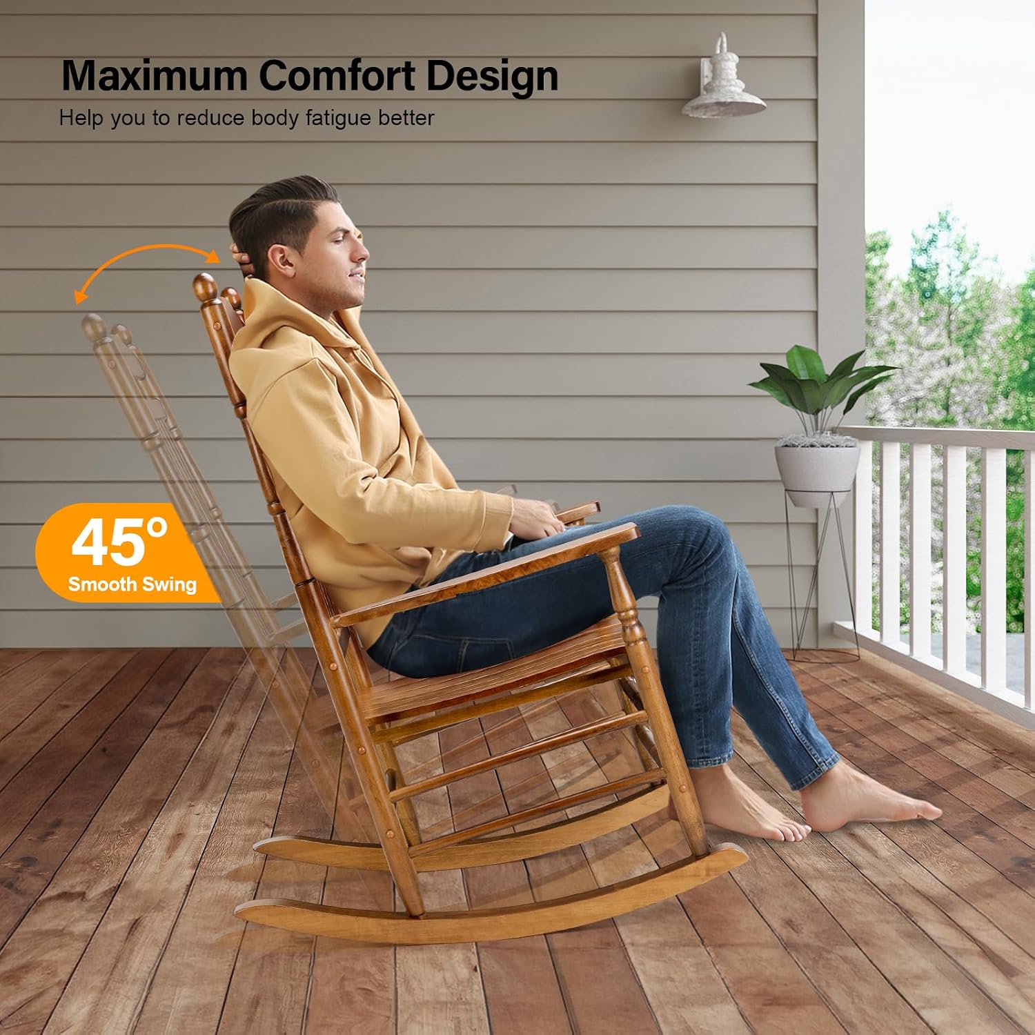 VINGLI Wooden Rocking Chair Outdoor Set of 2, Patio Rockers with High Back, Support 450 LBS Rocking Chairs, for Porch, Patio, Balcony, Garden, Yard (Oak, 2 PCS)