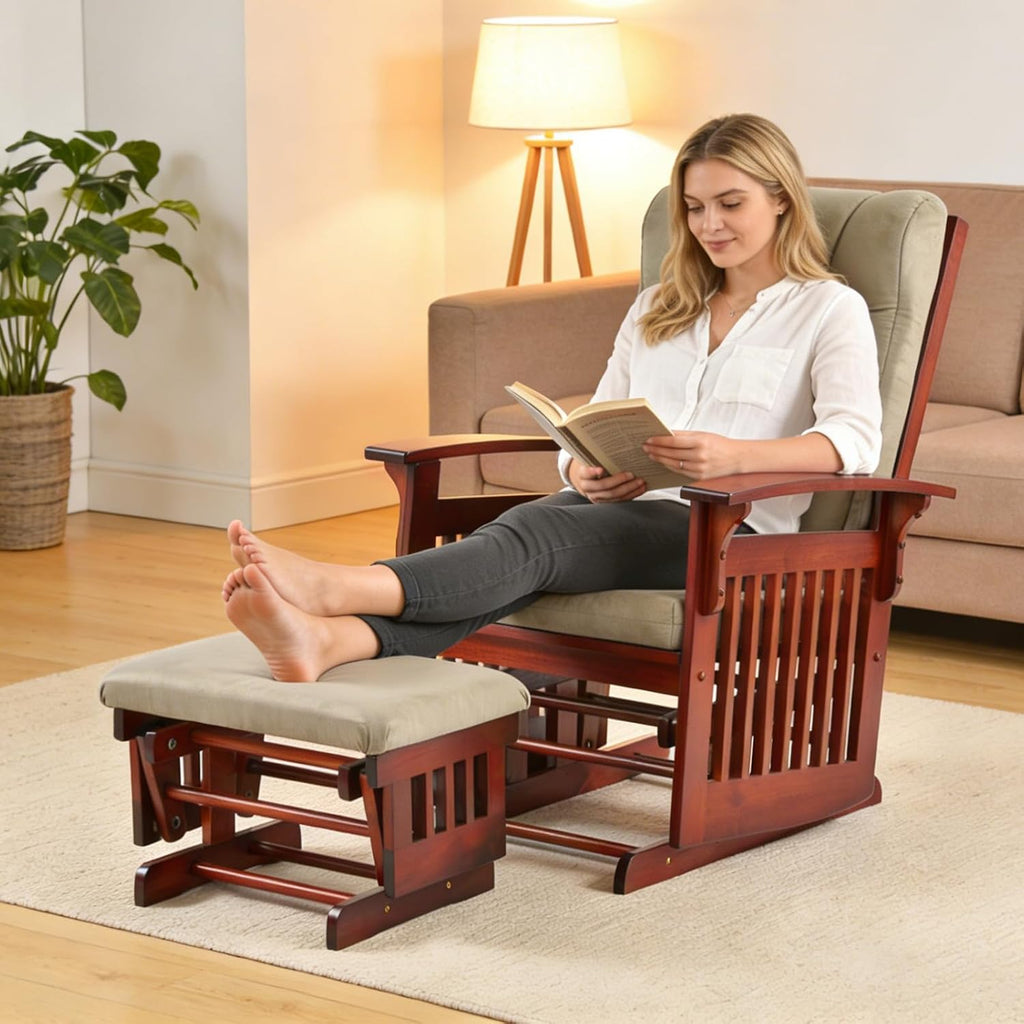 Glider Rocking Chair Nursery with Ottoman Smooth Rocking Motion, Easy to Assemble, Solid Hardwood Base Indoor Adult(Brown)