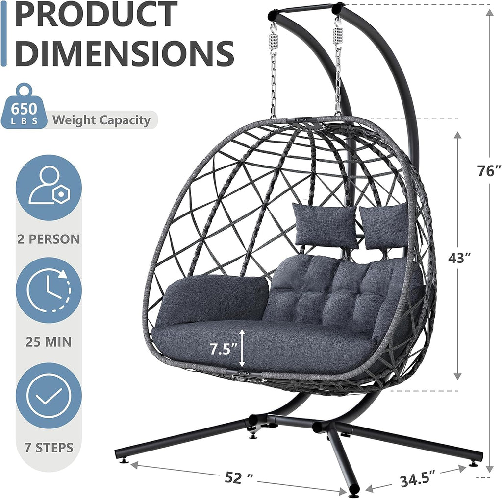 SWITTE Double Egg Swing Chair with Stand, 2 Person Outdoor Indoor Hammock Hanging Chair with Cushion for Patio Living Room 650 LBS Capacity-Dark Grey
