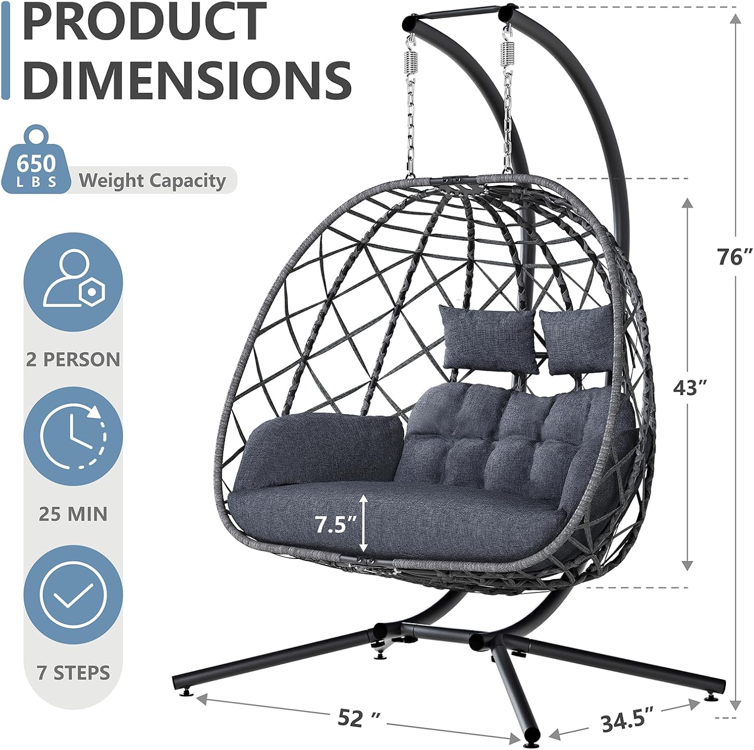 SWITTE Double Egg Swing Chair with Stand, 2 Person Outdoor Indoor Hammock Hanging Chair with Cushion for Patio Living Room 650 LBS Capacity-Dark Grey
