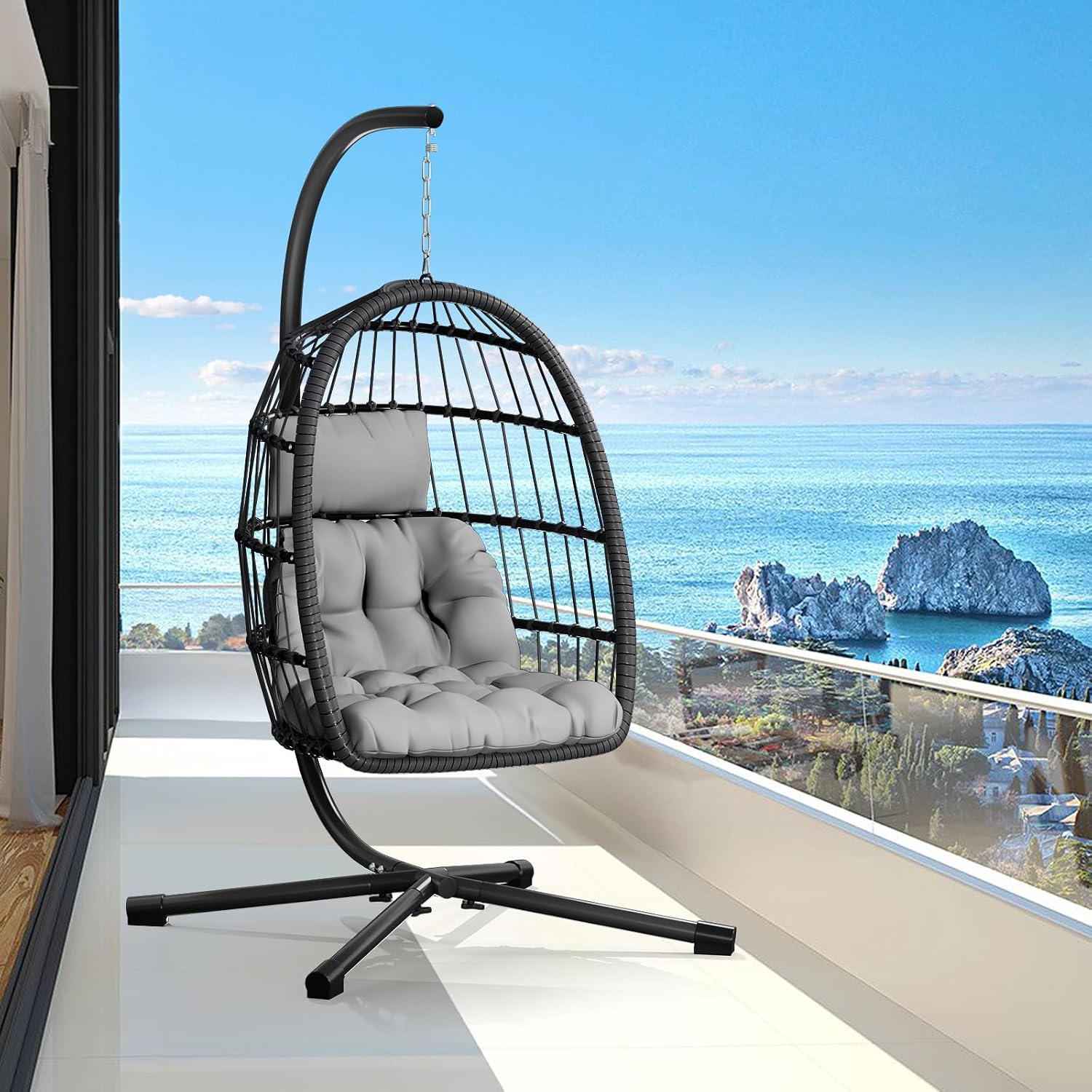 CHABATREE Egg Chair with Stand,Patio Rattan Wicker Hanging Swing Egg Chair Hammock Chair for Bedroom Porch Garden,Thickened Aluminum Alloy Steel Frame and UV Resistant Cushion,350LBS Capacity