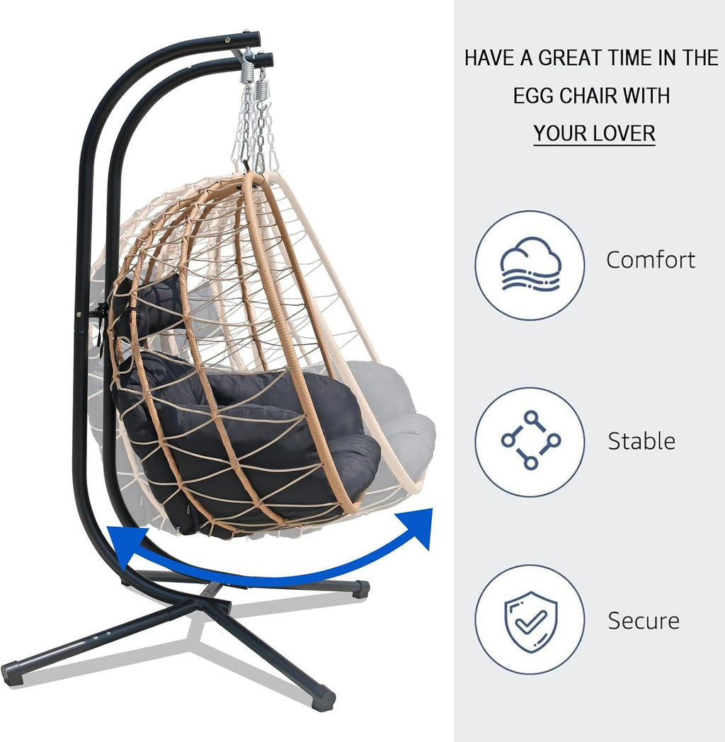 Double Egg Chair Outdoor, 2 Person Hanging Egg Chair with Stand, Patio Wicker Egg Swing Chair for Garden, Backyard, Balcony, 600Lbs Heavy Duty (BR-BL)