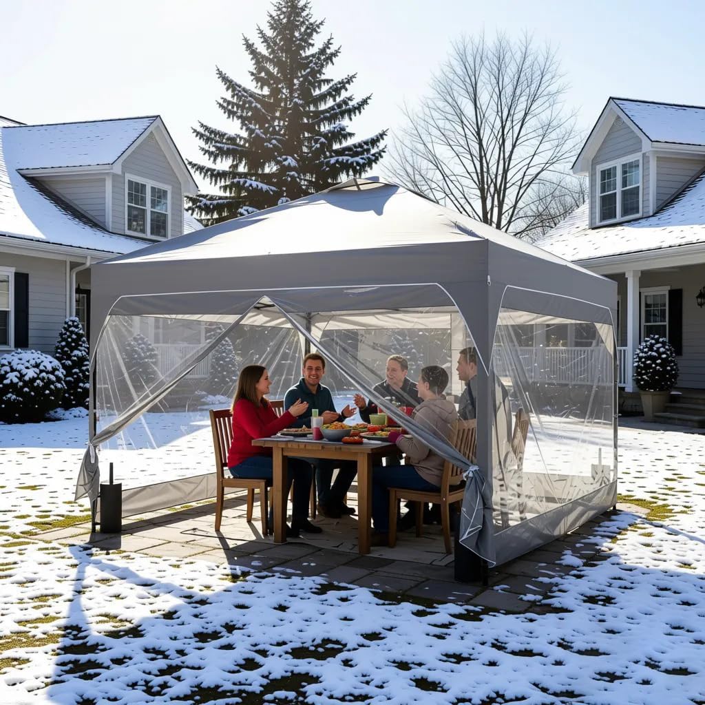 8x8 FT 1-Button Push Pop Up Canopy with 4 Clear PVC Sidewalls, Sandbags, Instant Canopy Tent for Outdoor Events