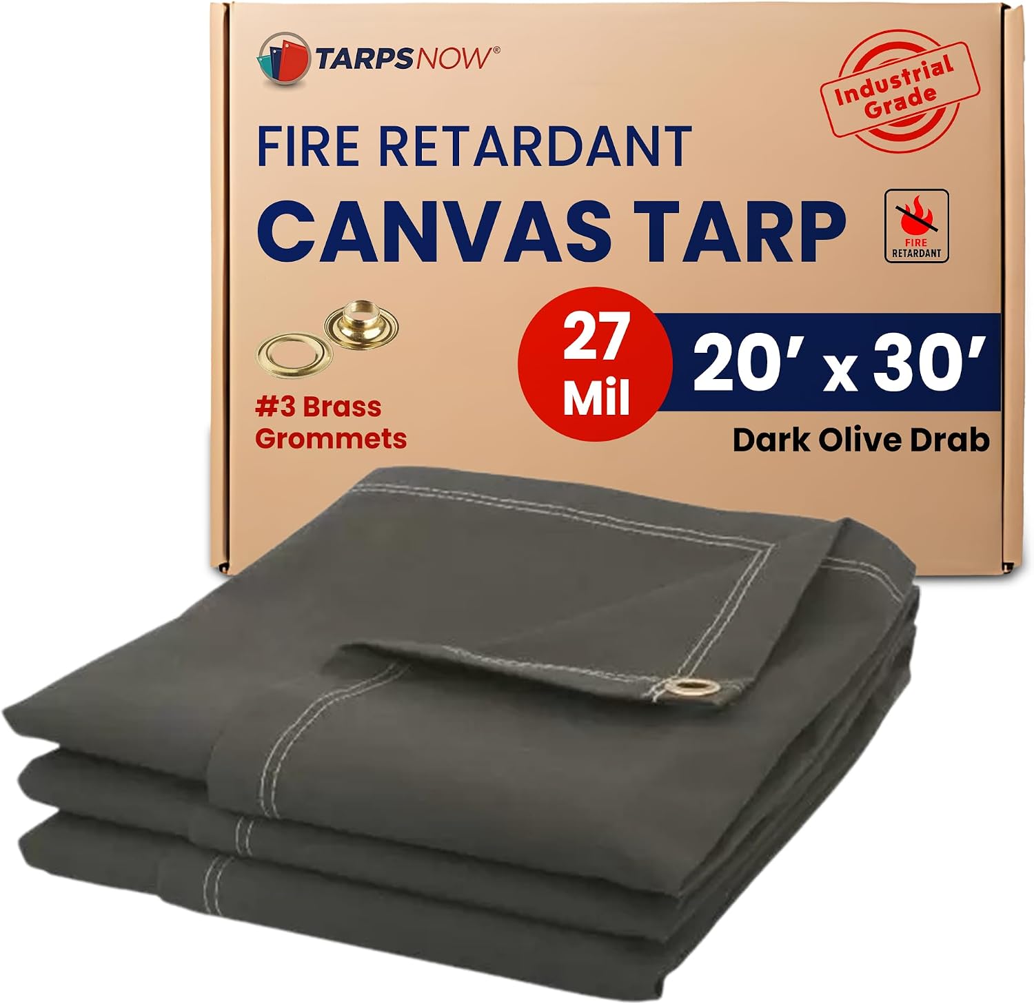 Tarps Now 20x30 Ft Fire Retardant Canvas Tarp with Brass Grommets - 27 Mil Industrial Grade Heavy Duty Tarp for Camping, Construction, Residential, and Agriculture - 16oz, Olive Drab