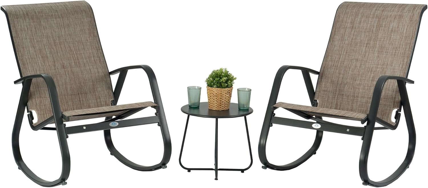 Kozyard 3-Piece Outdoor Rocking Chair Set, Patio Bistro Set 2 Sling Rockers with Side Table, Powder-Coated Aluminum Frame, Breathable Textilene Fabric for Porch, Garden, Balcony Beige