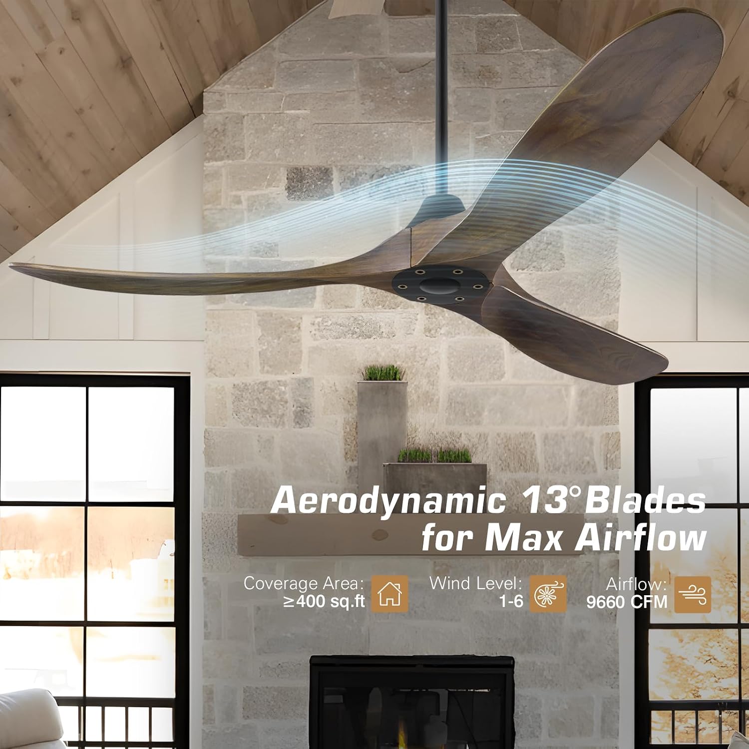 60 inch DC Ceiling Fan No Light Outdoor Ceiling Fan for Patios Damp Rated, ETL Listed 3 Blade Large Airflow Indoor Commercial Smart Ceiling Fans for Exterior Porch Gazebo with Alexa/Remote/APP Control