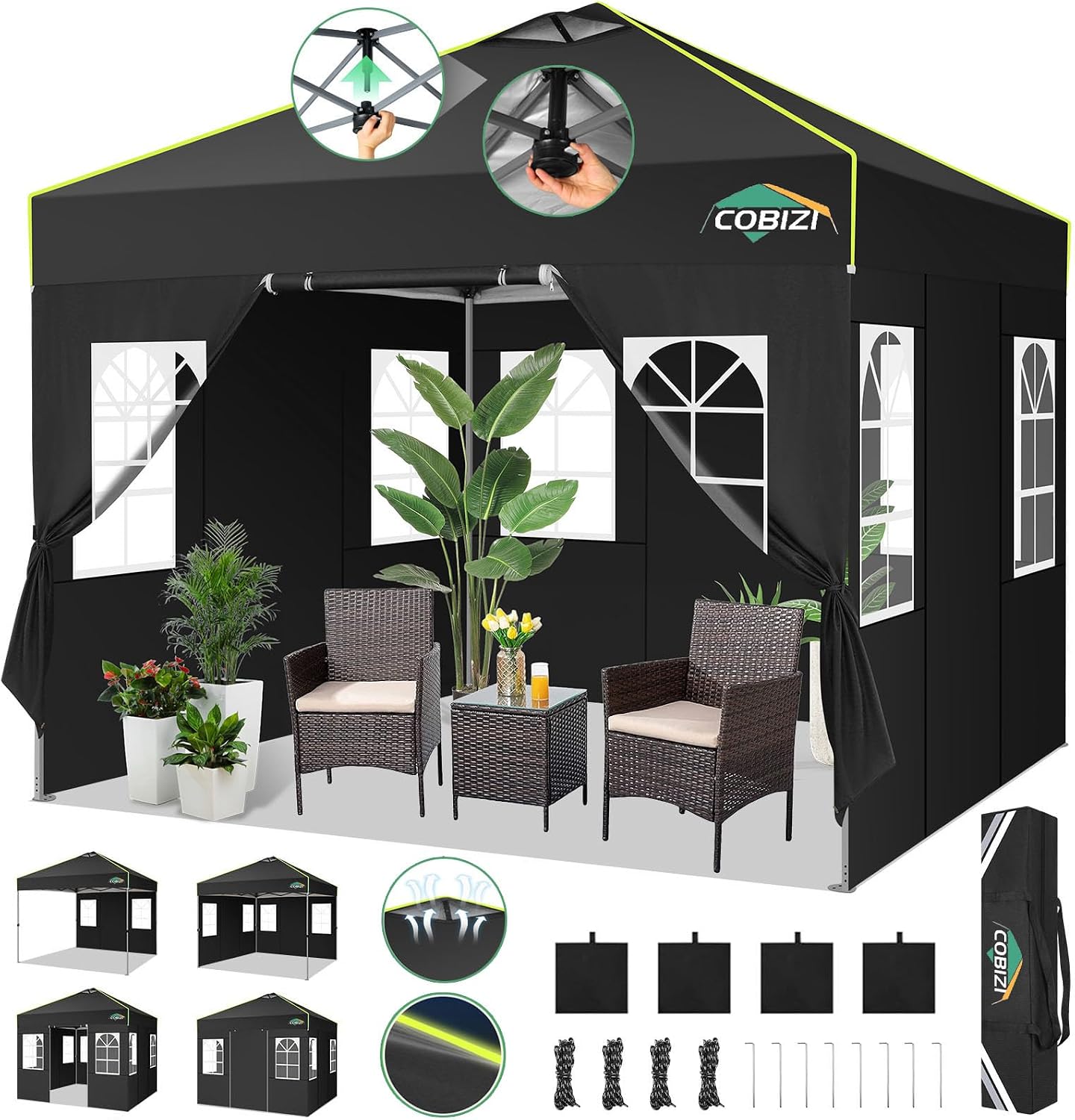 COBIZI 10x10 Pop Up Canopy Tent with 4 Removable Sidewalls, One Push Party Tent Outdoor Waterproof Event Canopy with Air Vent for Parties Commercial Wedding, 3 Height, Carry Bag, Sandbag, Black