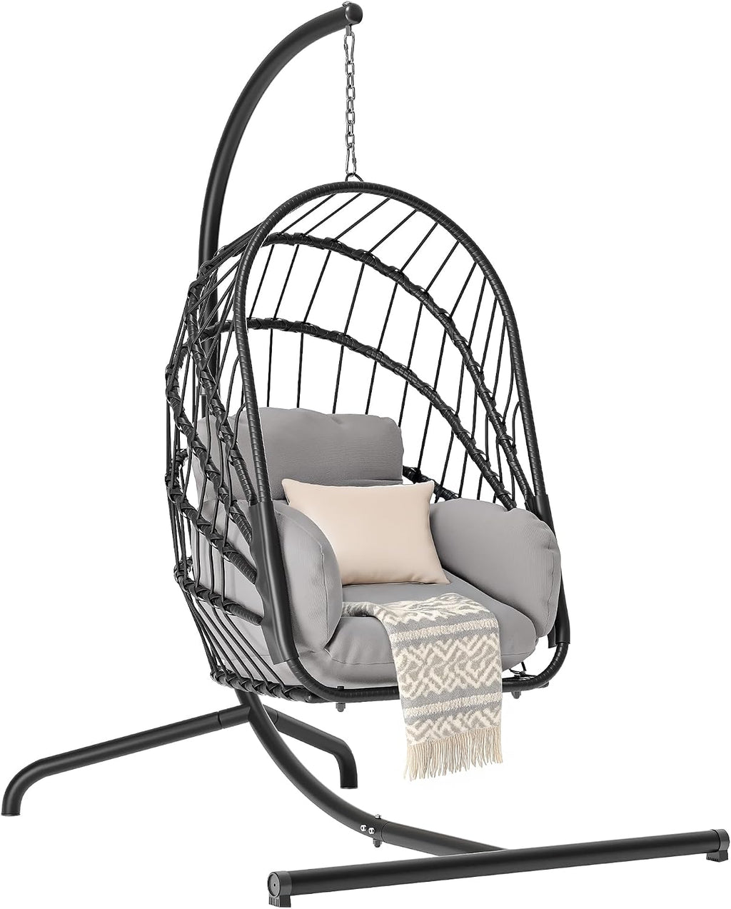 DWVO Wicker Swing Egg Chair 300lbs Capacity - Foldable Hanging Hammock with Cushions & Stand, Indoor/Outdoor Patio Swing Chair for Bedroom, Garden, Balcony (Grey)