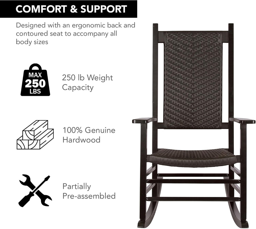 Shine Company Set of 2 Hampton Porch Rockers, High Back Wood Rocking Chairs, Rattan Backrest & Seat, 2-Pack, Black