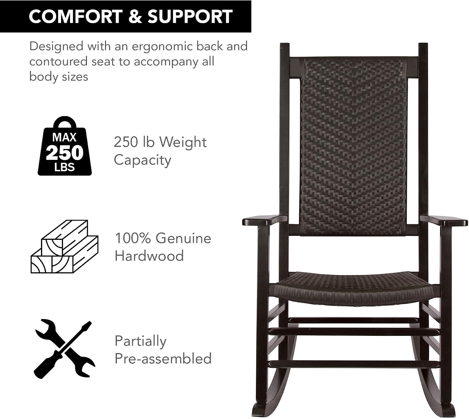 Shine Company Set of 2 Hampton Porch Rockers, High Back Wood Rocking Chairs, Rattan Backrest & Seat, 2-Pack, Black