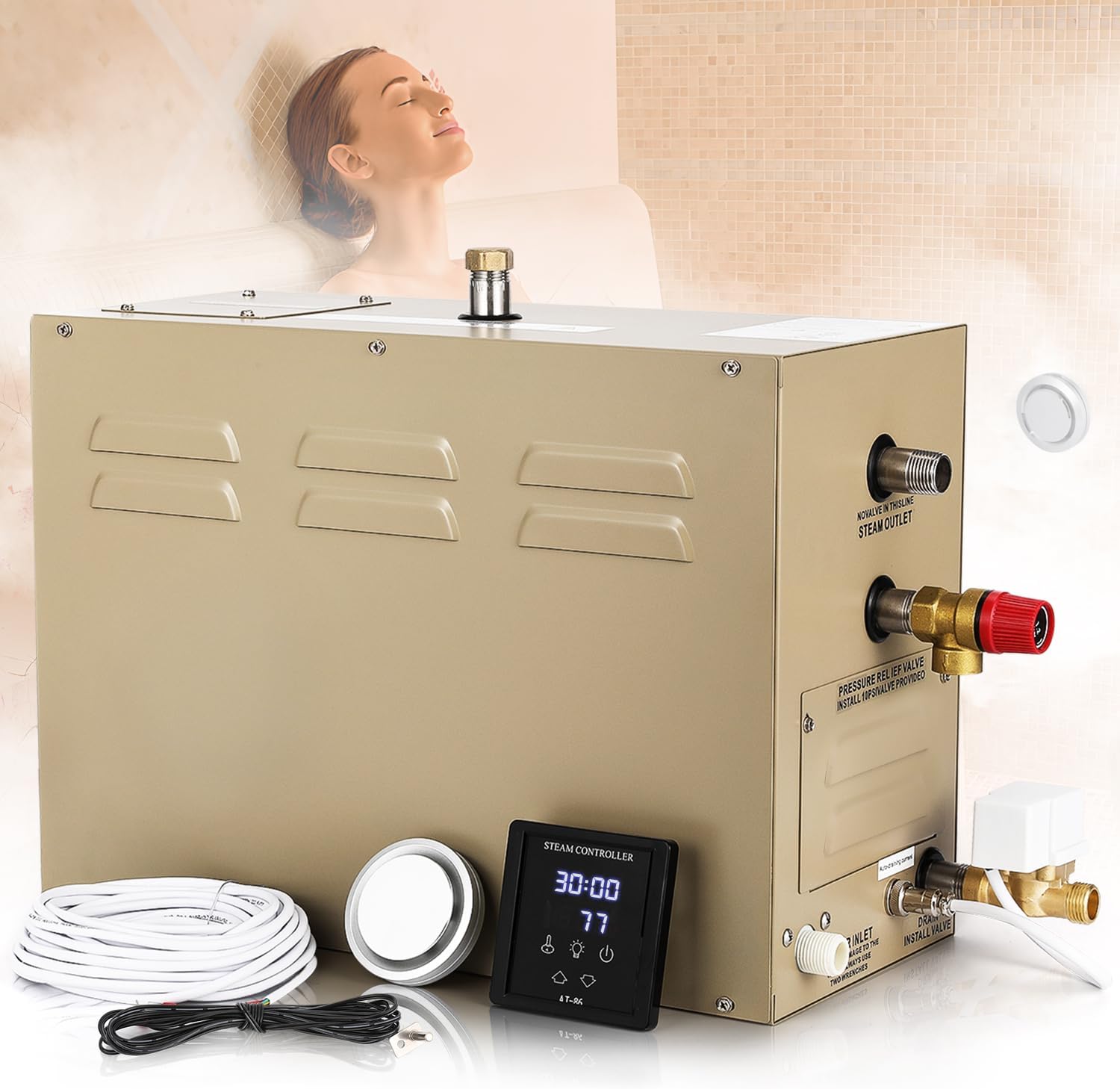 Steam Shower Generator Kit 10.5KW for Bath Sauna SPA, Self-draining System, Aromatherapy Steam Head, LED Touchscreen Controller, 12-Hour Timer 77-131℉ For Home Commercial Use