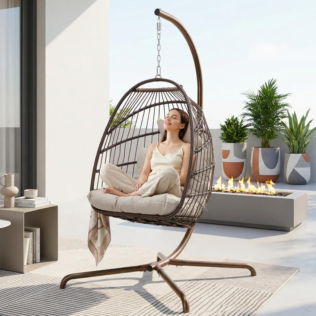 NICESOUL Swing Egg Chair Indoor Outdoor, Patio Wicker Hanging Chair with Stand, All Weather Egg Hammock Chairs with Cushions, 350lbs Durable Birthday Gift Swinging Chair for Backyard Balcony, Brown