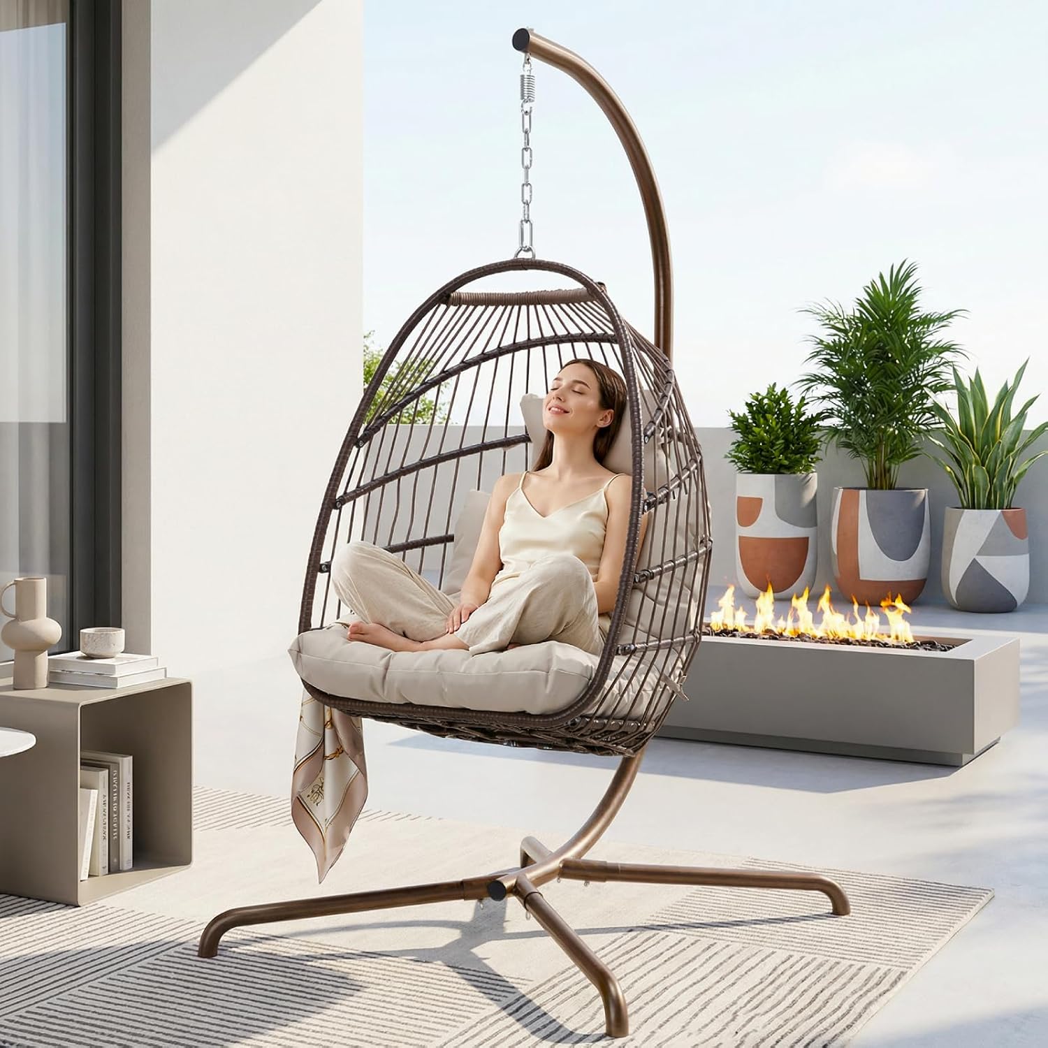 NICESOUL Swing Egg Chair Indoor Outdoor, Patio Wicker Hanging Chair with Stand, All Weather Egg Hammock Chairs with Cushions, 350lbs Durable Birthday Gift Swinging Chair for Backyard Balcony, Brown