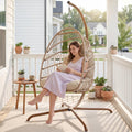 NICESOUL Cozy Hanging Egg Chair with Stand Indoor Outdoor, Wicker Patio Basket Swing Chair with Cushion and Golden Legs, 350lbs Durable Sturdy Egg Hammock Chairs for Deck Balcony Backyard Porch, Cream