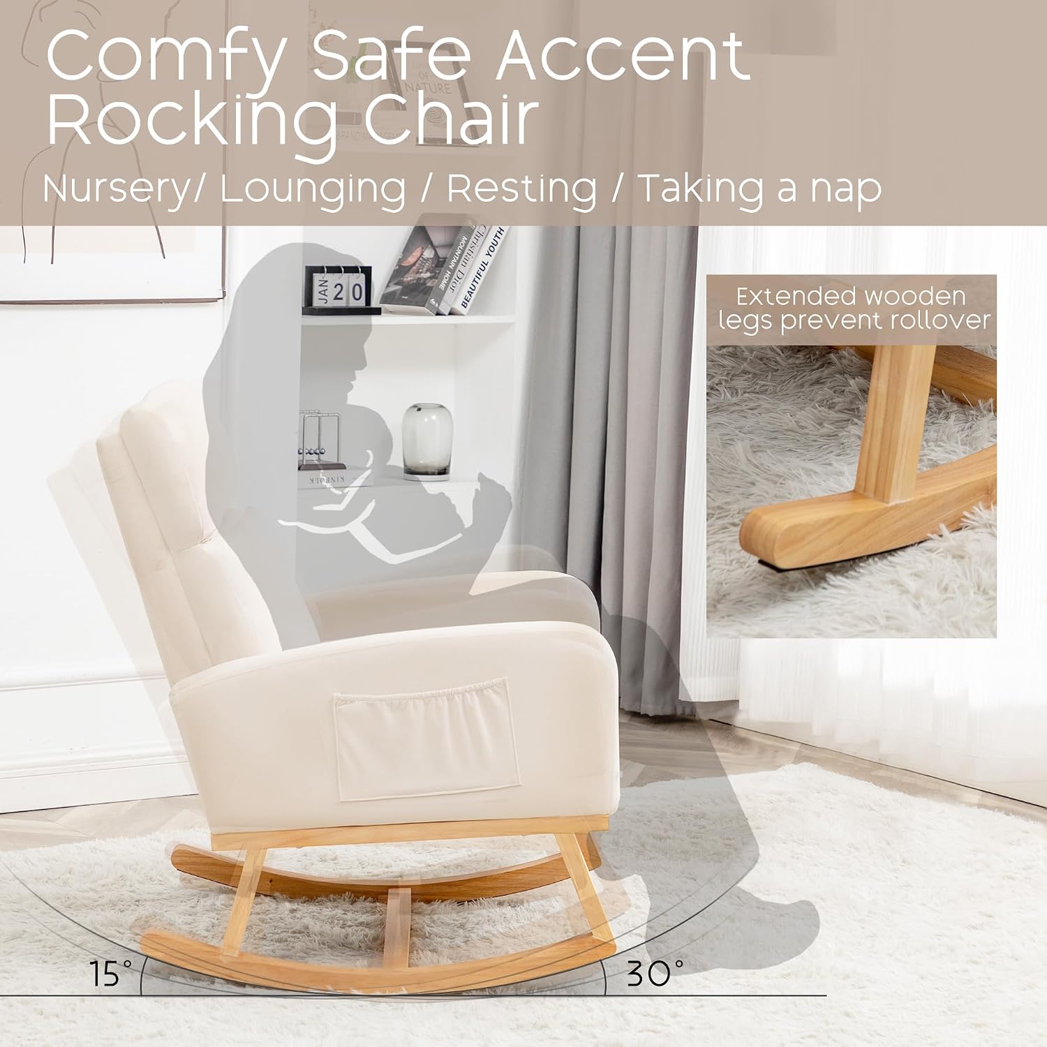 Rocking Chair Nursery - Glider Modern Accent Chairs Upholstered Nursing Rocker Padded Armchair for Indoor Living Room Bedroom Beige