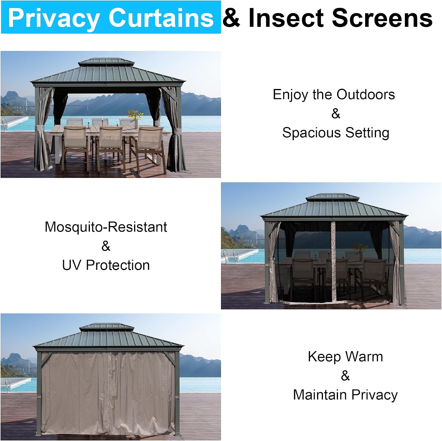 Domi 10' x 12' Outdoor Hardtop Gazebo, Upgraded Metal Gazebo with Galvanized Steel Double Roof, Heavy Duty Canopy Permanent Pavilion for Patio Lawn and Garden, Curtains and Netting Included, Grey