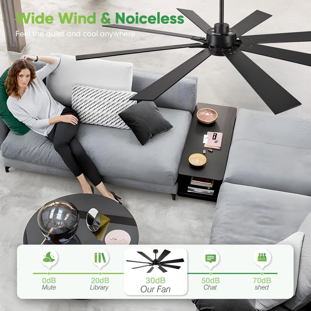 62 Inch Outdoor Ceiling Fan with Light for Patios, Black Ceiling Fan with Light, Large Damp Rated Industrial Fan with 8 Blades, Large Airflow Indoor Exterior Fans for Patios Porch Garage Office