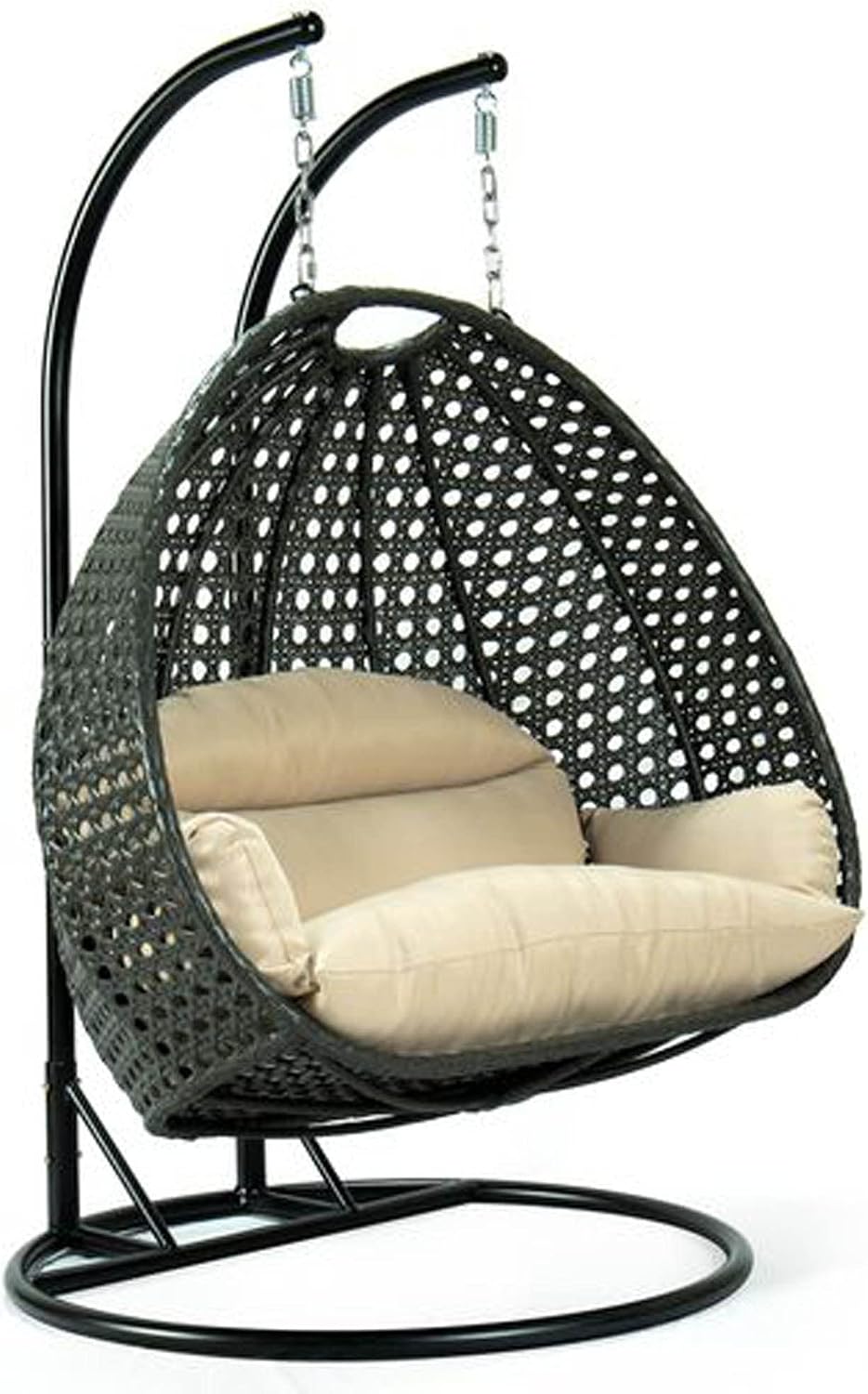 LeisureMod 2 Person Wicker Hanging Egg Chair with Stand & UV-Resistant Cushions for Indoor/Outdoor, Patio, Lounge, Hammock Seat, Beige