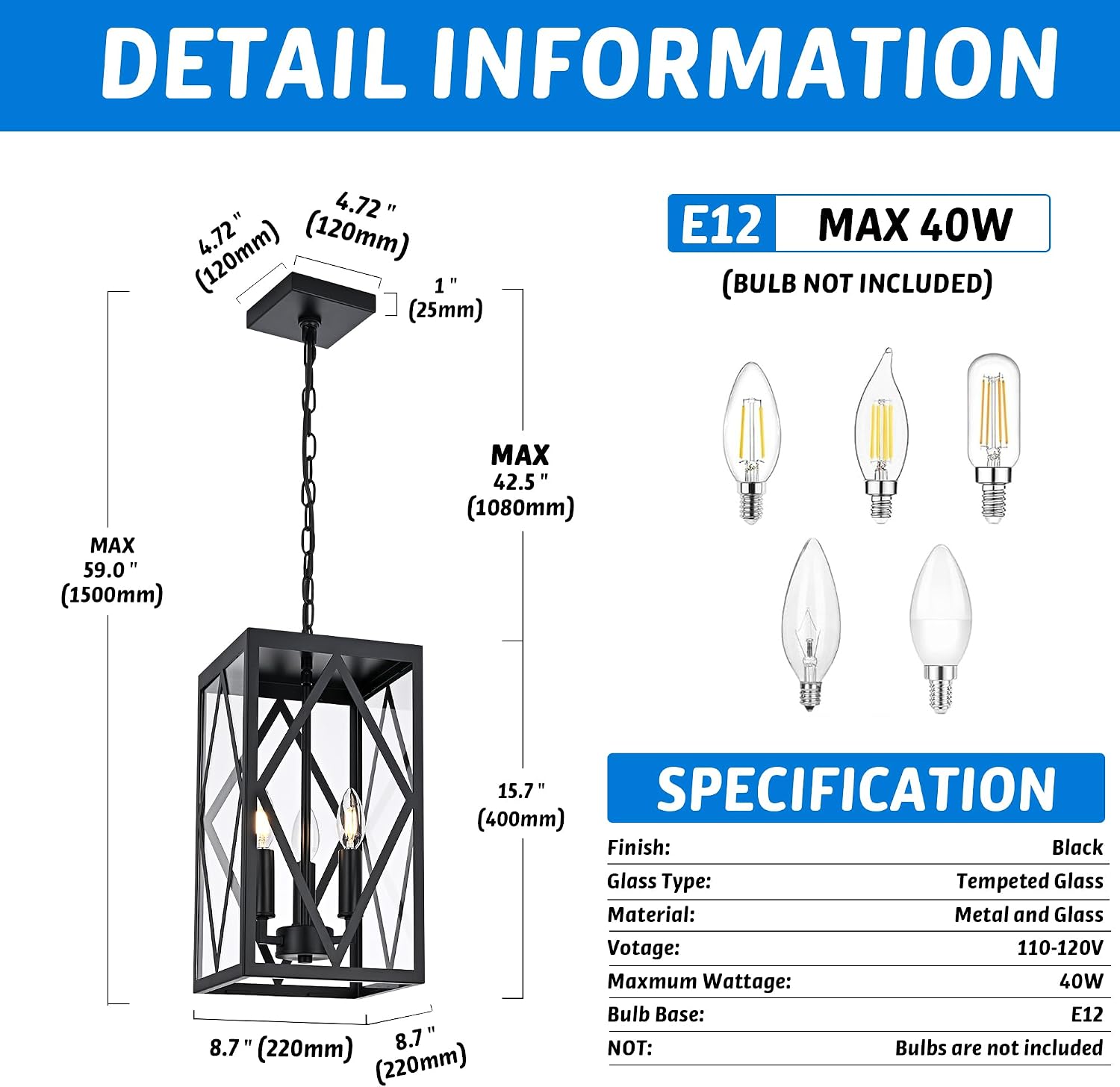 3 Light Black Outdoor Pendant Light Outside Chandelier Lantern, Modern Waterproof Exterior Hanging Light Fixture Ceiling for Front Porch Entryway Yard Patio (Bulb NOT Included)