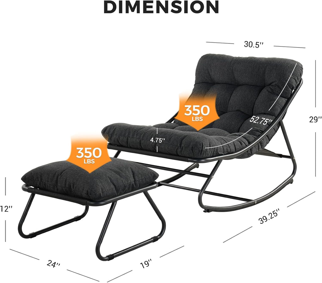 Grand patio Rocking Chair with Foot Stool, Metal Outdoor Rocking Chair with Cushion and Foot Rest, Comfy Lounge Rocker for Living Room Porch Patio, Dark Gray