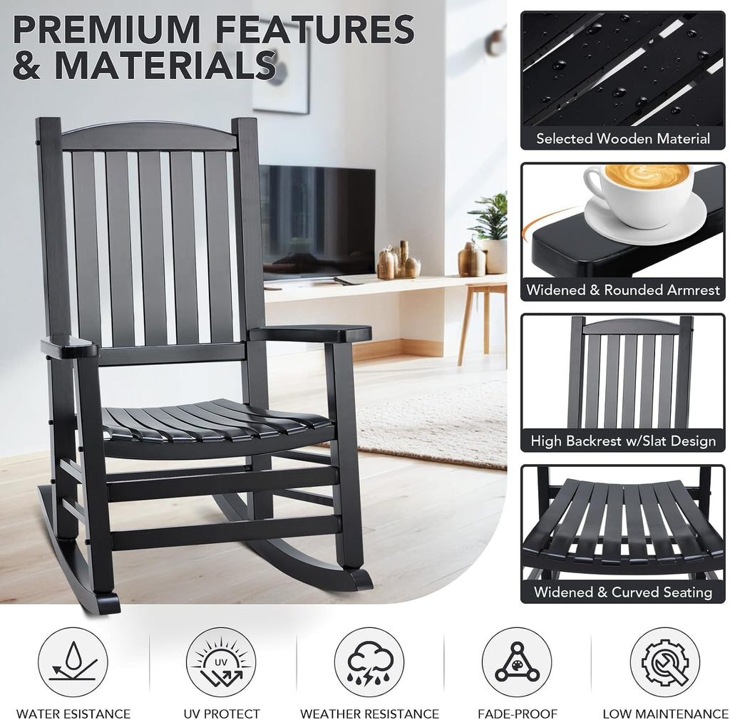 Wooden Outdoor Rocking Chair, Oversized Patio Rocking Chair w/400lbs Support & High Backrest | Porch, Lawn, Garden, Backyard，Black