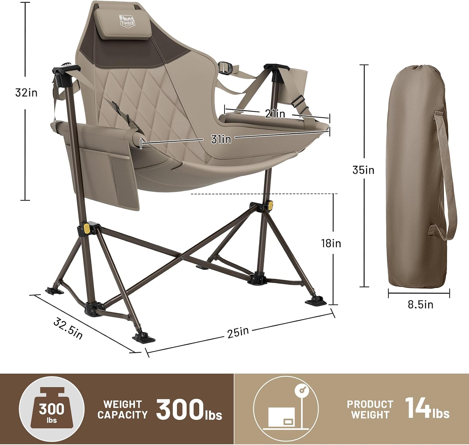 TIMBER RIDGE Hammock Camping Chair with Adjustable Backrest, Heavy Duty Folding Hammock Chair Supports 300lbs, Portable Hammock Chair for Camping, Travelling and Patio, Tan 2 Pack