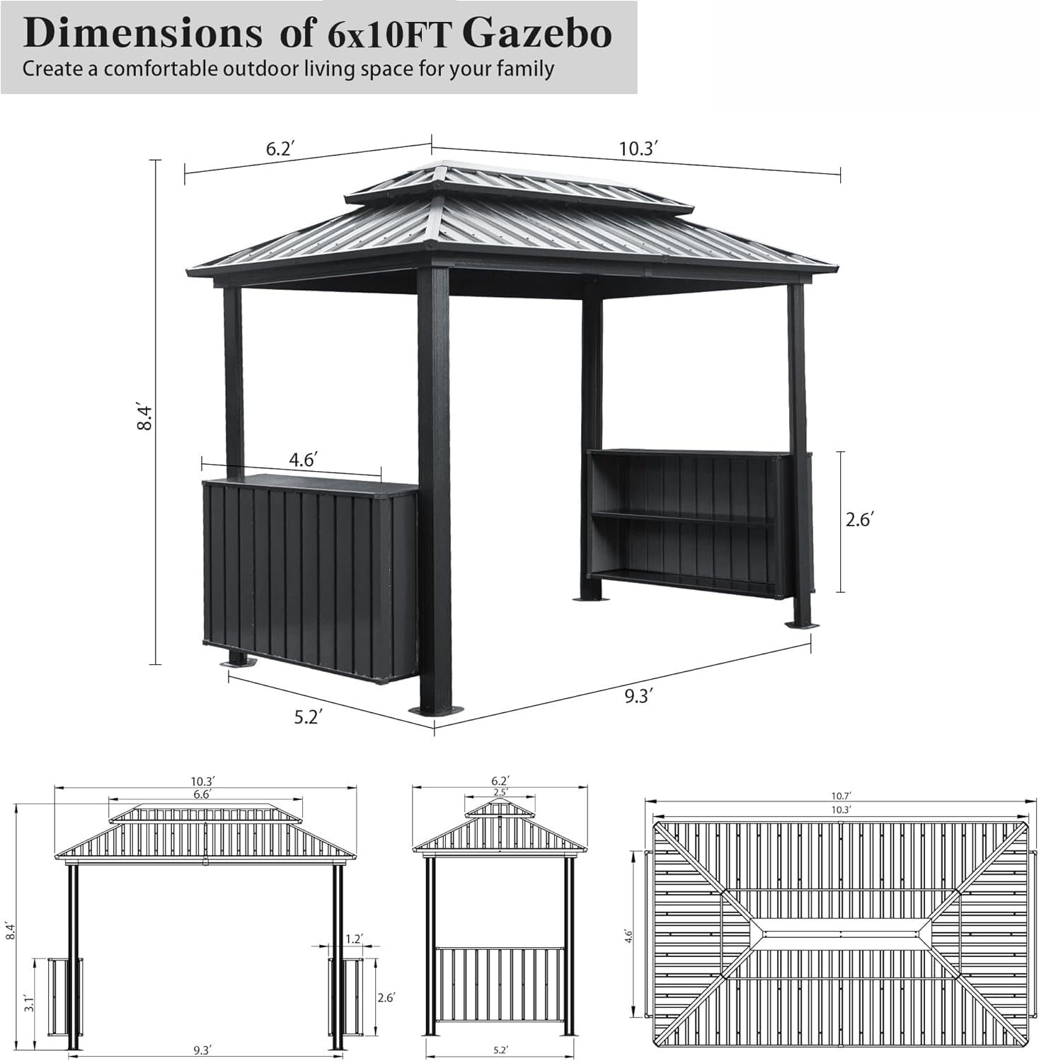 10' x 6' Hardtop Grill Gazebo with Double Galvanized Steel Roof, 2 Storage Cabinets & Ceiling Hooks - Outdoor BBQ Shelter for Patio, Backyard, Lawn, Garden, Grey