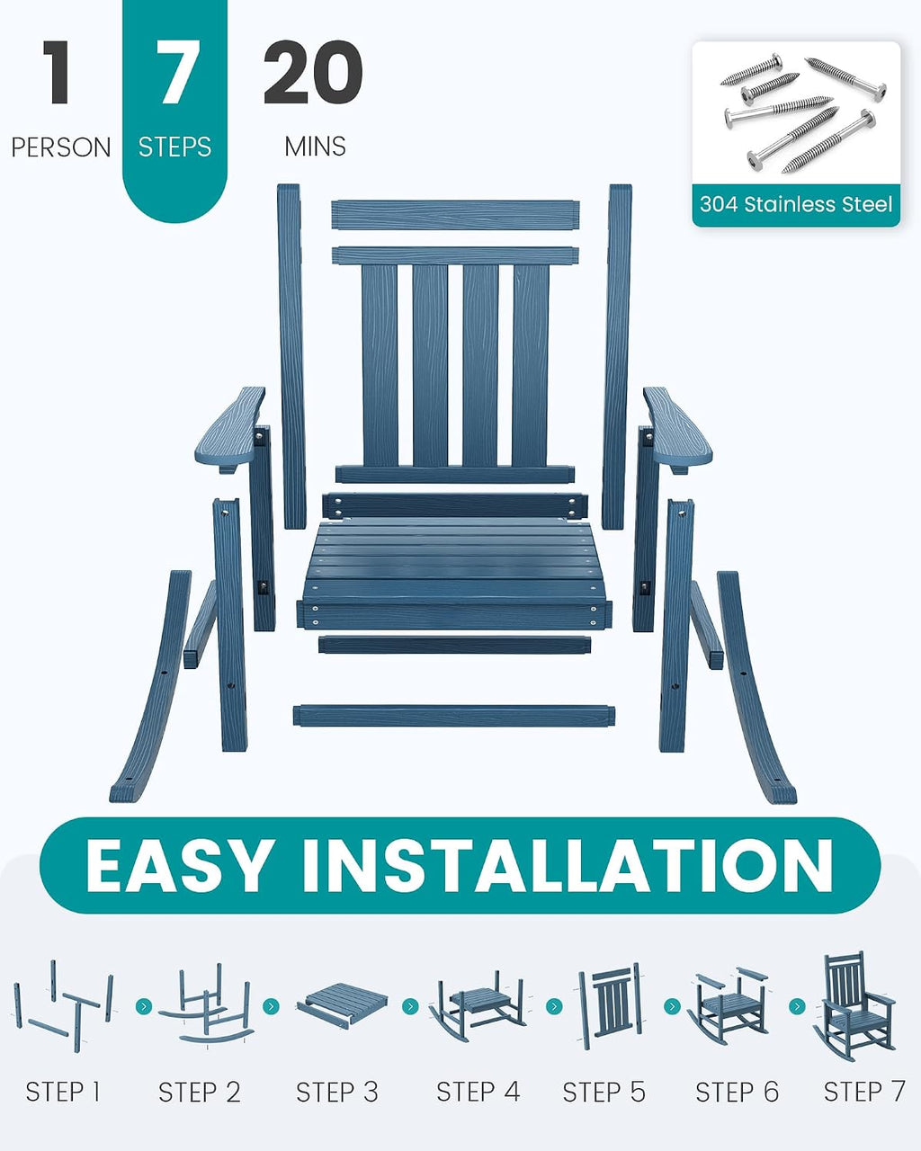 SERWALL HDPE Outdoor Rocking Chair Set of 6, Patio Rocking Chairs for Adults, All Weather Outdoor Rockers for Lawn, Blue