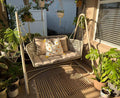 PURPLE LEAF 2-Seat Cloud Swing Chair with Stand Patio Wicker Bench Glider Loveseat Hanging Swinging for Indoor Outside Backyard Garden Outdoor Hammock Porch Swing, Cushion and Pillows Included, Cream