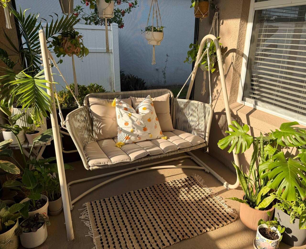 PURPLE LEAF 2-Seat Cloud Swing Chair with Stand Patio Wicker Bench Glider Loveseat Hanging Swinging for Indoor Outside Backyard Garden Outdoor Hammock Porch Swing, Cushion and Pillows Included, Cream