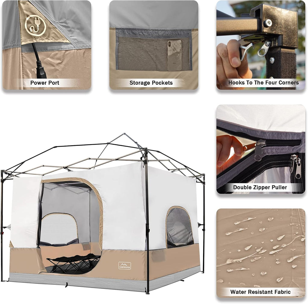 KAMPKEEPER Camping Inner Tent for Pop Up Canopy, Converts 10'x10' Straight Leg Canopy into Camping Tent–Fully Vented Roof(Top & Frame NOT Included) (Khaki, Classic)
