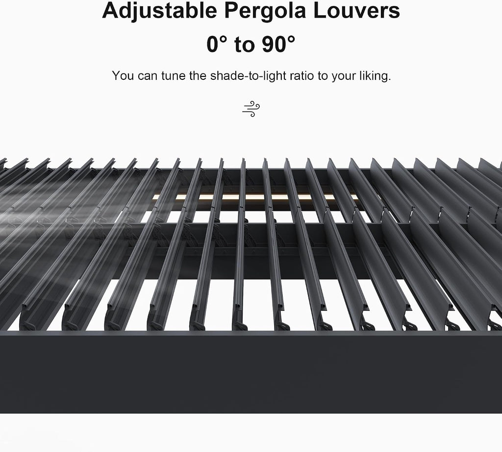 PURPLE LEAF LED Louvered Pergola 94AS 12'x 14' Full Aluminum Frame and Adjustable Roof Integrated Strip Lights for Outdoor Deck Garden Patio Gray Hardtop Gazebo Pergola