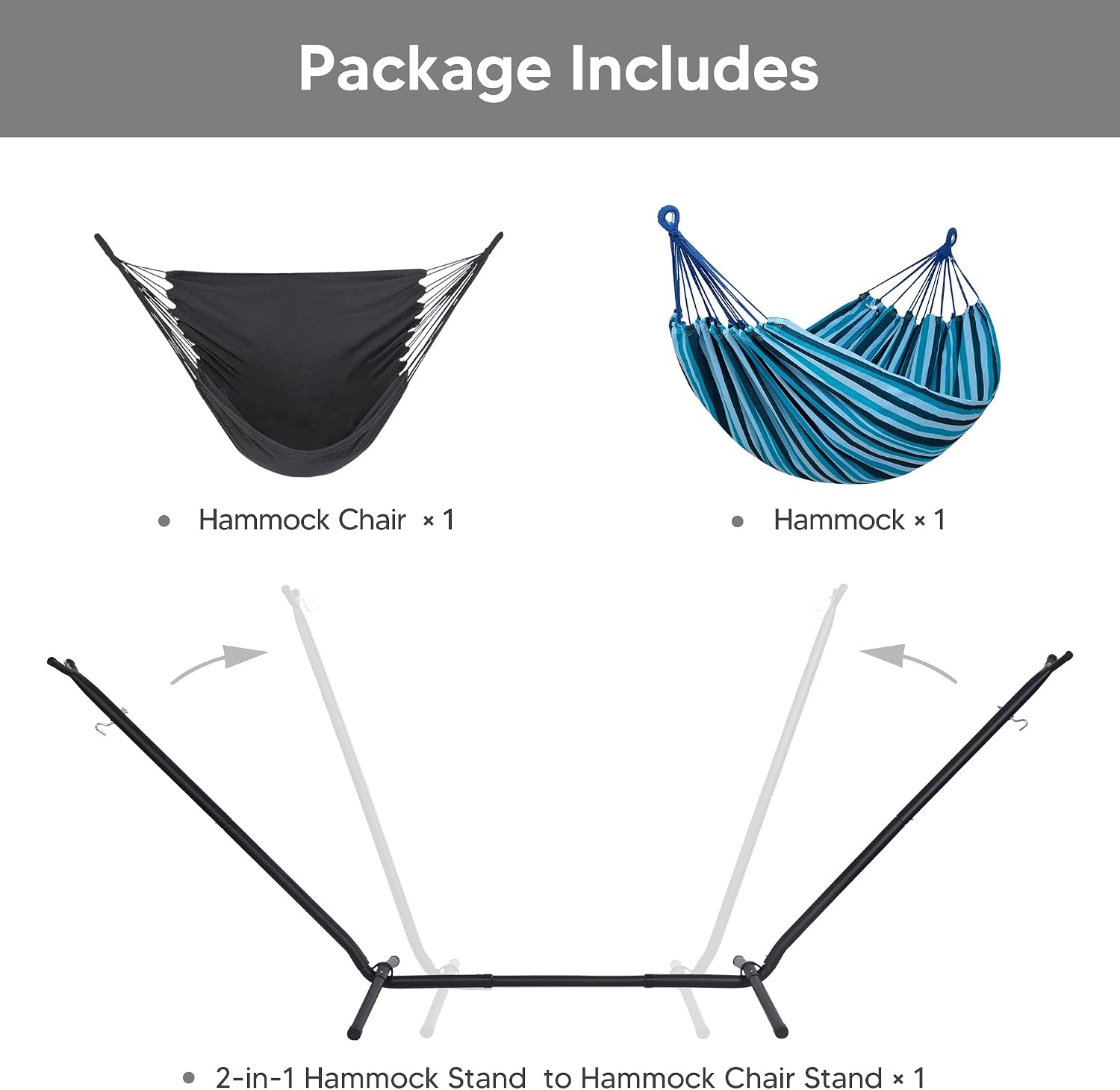 SUNCREAT 2-in-1 Convertible Backyard Fabric Hammock with Stand, Large Hammocks for Outside, Blue Stripes