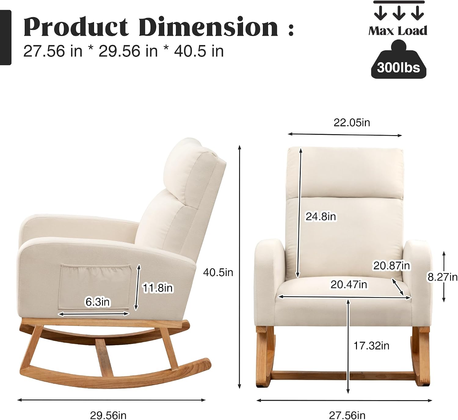 HCHAIRH Rocking Chair Nursery, Upholstered Nursing Rocker Chairs with High Backrest, Modern Glider Rocking Chair for Nursery Living Room, Bedroom, Cream