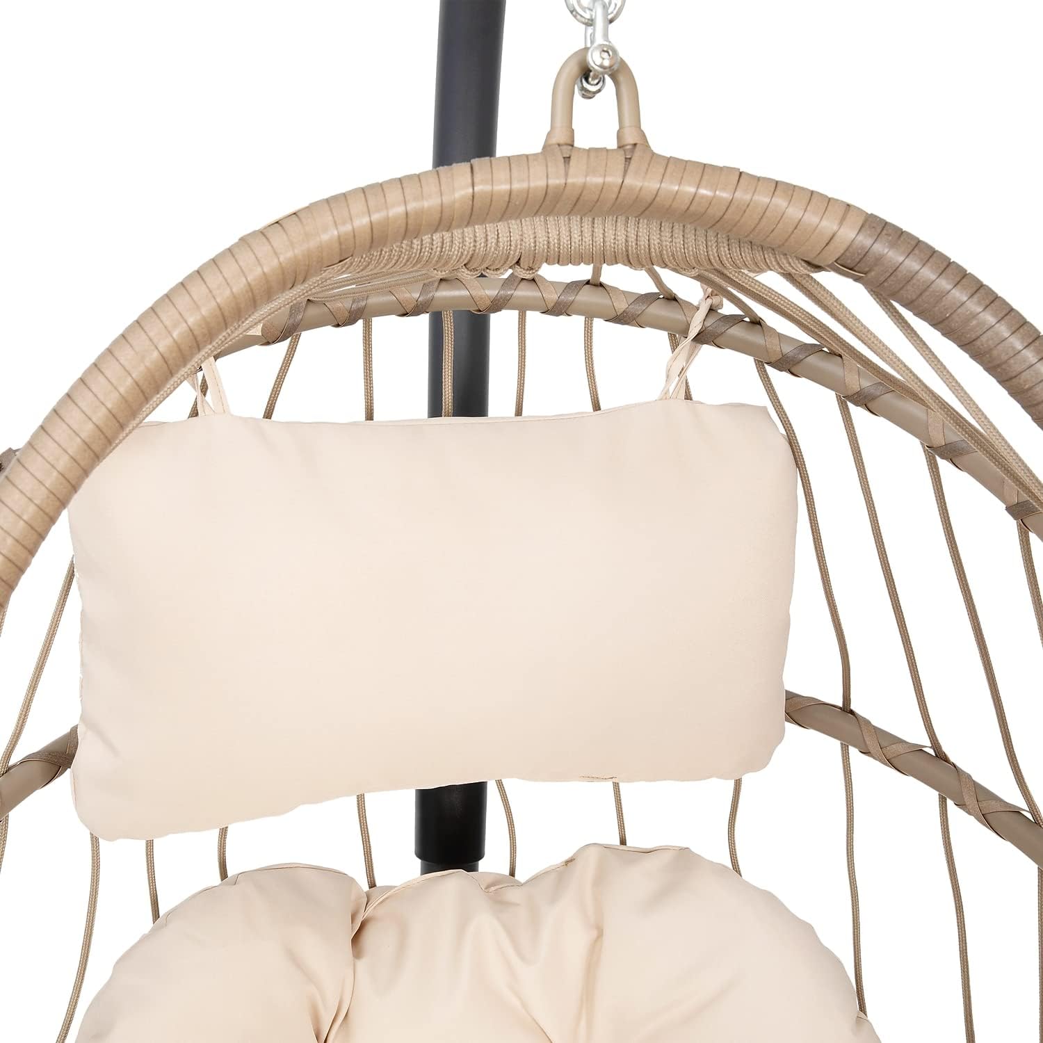 Flash Furniture Cleo Indoor/Outdoor Patio Hanging Egg Chair - Natural Frame with Cream Seat Cushions - Black Powder Coated C-Style Stand - Hanging Hardware Included