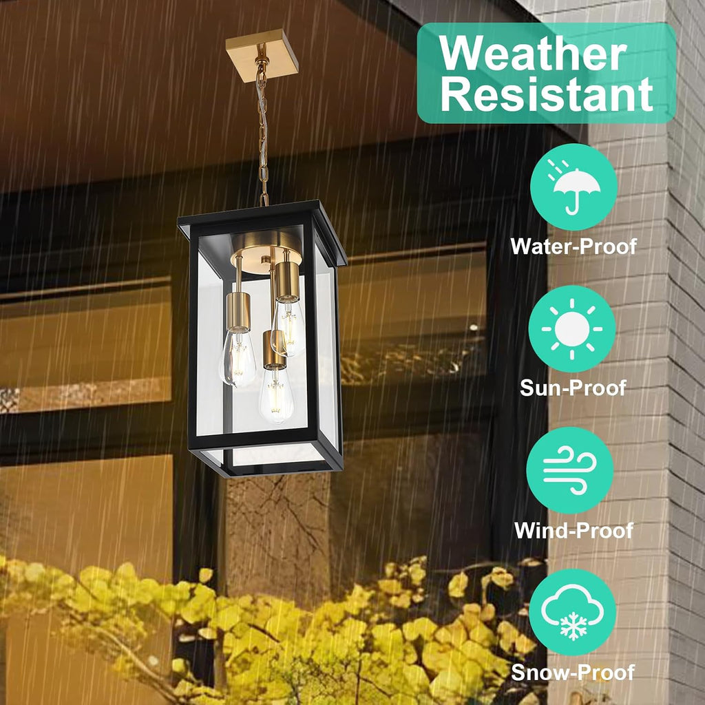 Yaohong Outdoor Pendant Lights for Porch, Modern 3-Lights Exterior Hanging Lights, Exterior Hanging Lantern with Clear Glass and Height Adjustable, Large Outdoor Ceiling Lights for Patio Front Foyer