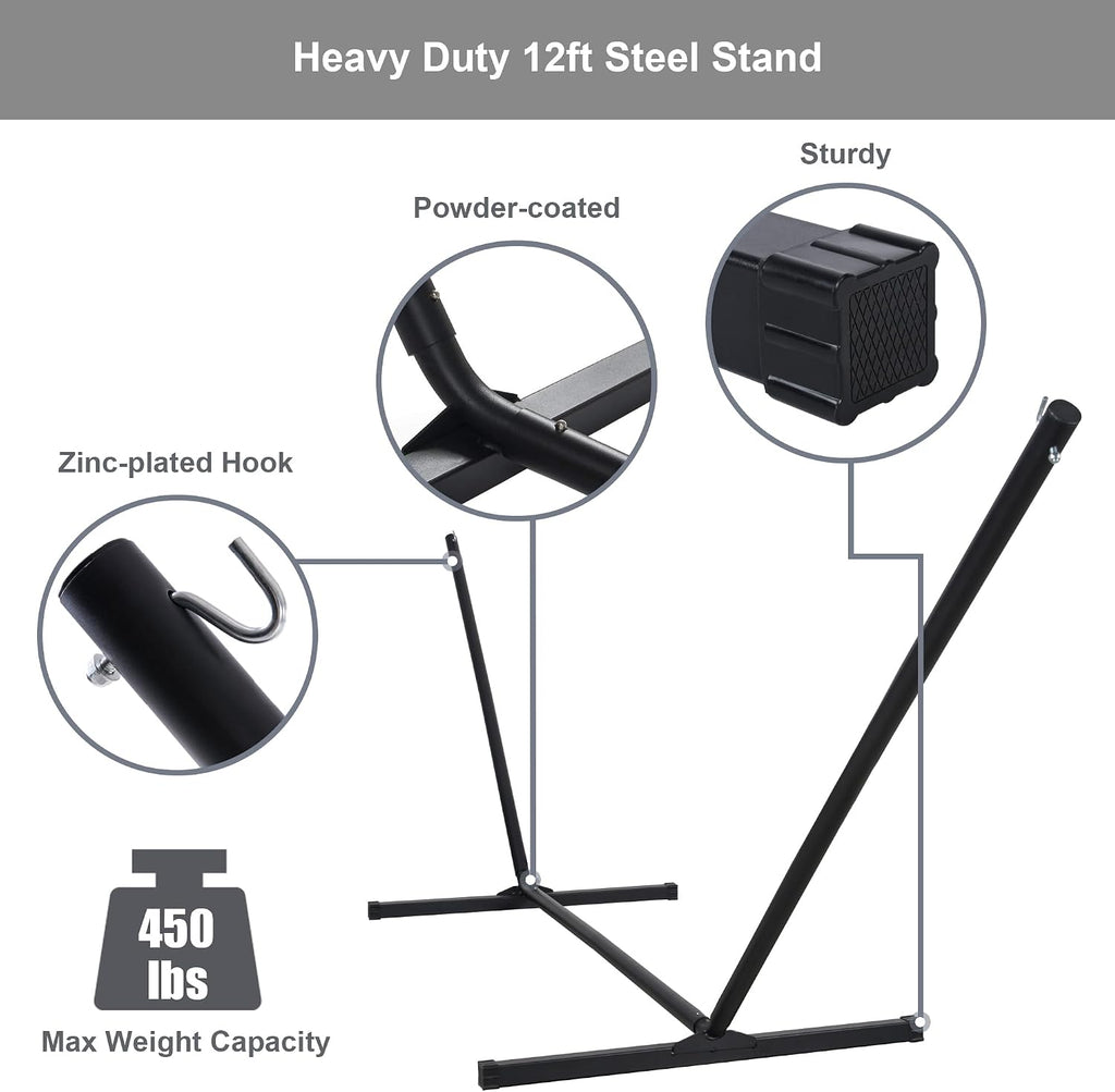 Double Hammock with Stand, Quick Dry Hammock with 12FT Stand for Outside, Poolside, 450 Lbs Capacity, Dark Grey