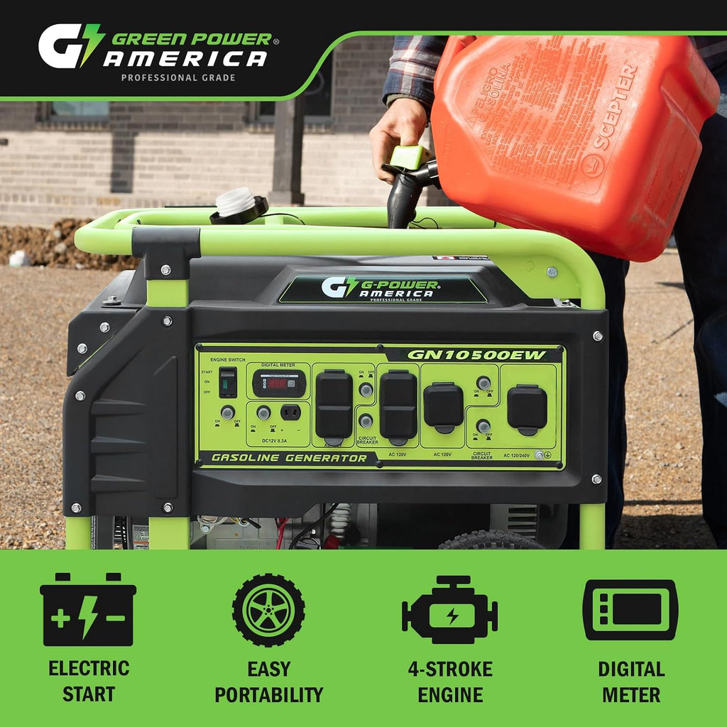 Green-Power America 10500 Watt Gasoline Powered Generator, Electric & Recoil Start, 120V/240V, 12V/8.3A Outlet, Whole House Backup, RV & Job Site Ready, EPA Approved