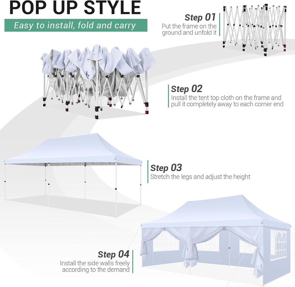 COBIZI 10x20ft Pop Up Canopy Tent with 6 Removable Sidewalls, Easy Up Commercial Canopy, Waterproof and UV50+ Gazebo with Portable Bag, Adjustable Leg Heights,Party Tents for Parties, with 4 Sandbags