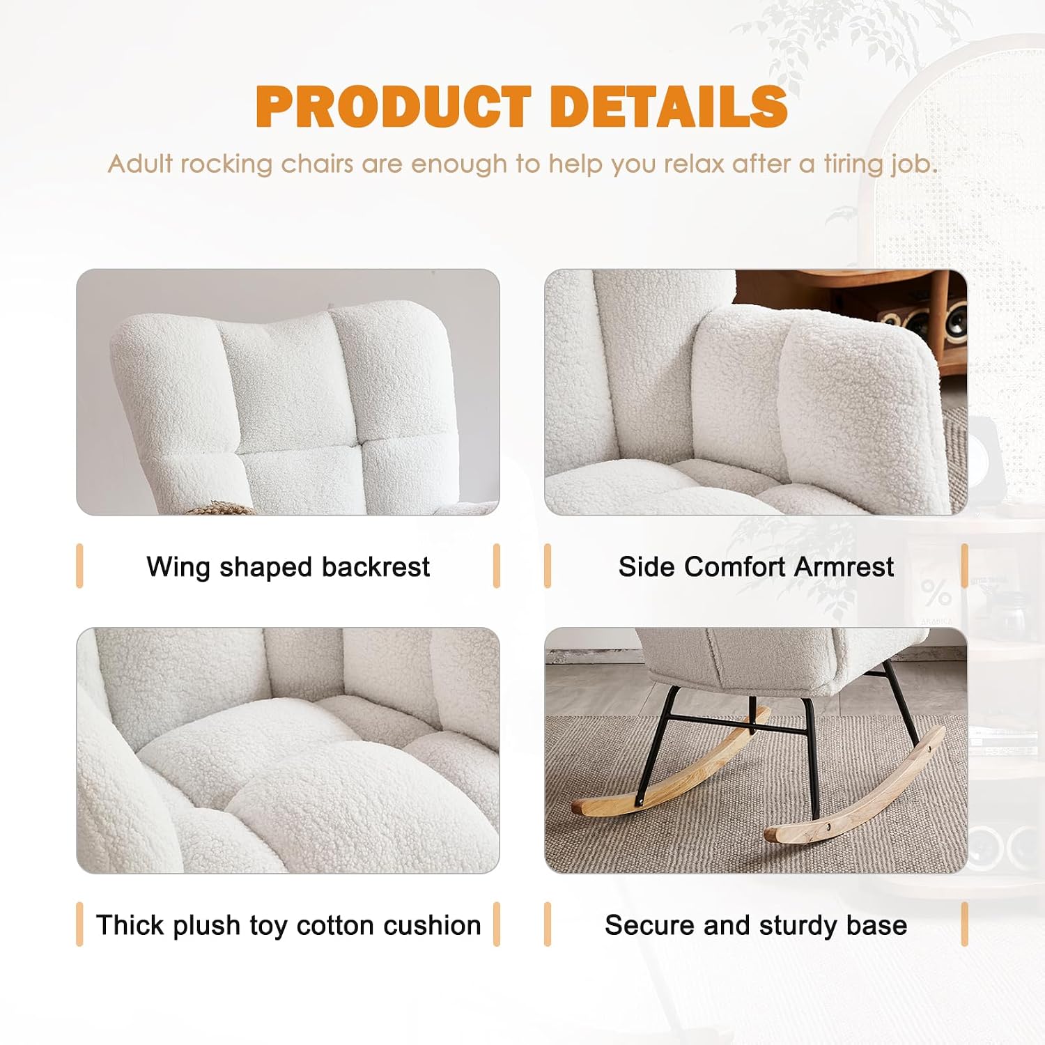 Rocking Chair Nursery, High Backrest Teddy Glider Rocker Upholstered Rocker Recliner Modern Rocking Accent Chairs for Bedroom, Living Room, Offices (Ivory)
