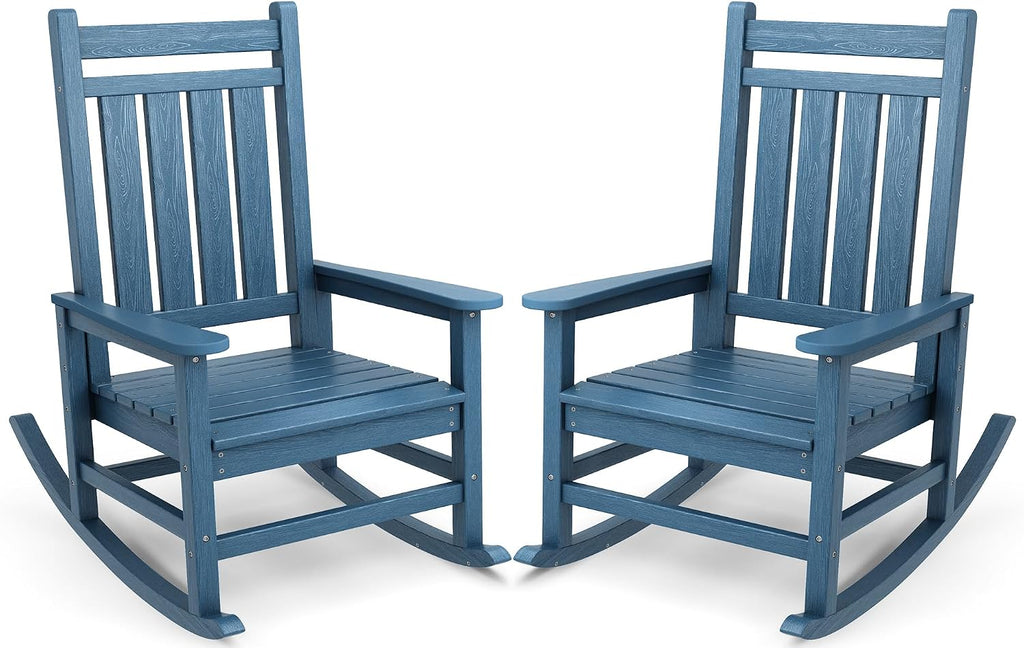 SERWALL Oversized Outdoor Rocking Chair Set of 2, HDPE Rocker for Adults, Patio Rocking Chairs for Porch, Blue