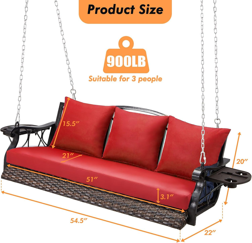 ZZW Heavy Duty 900 LBS Porch Swing Chair 3-Person Outdoor Rattan Patio Swing Lounge w/Cup-Holder & Steel Chains Wicker Hanging Bench Porch Swing Cushions for Deck & Backyard & Garden