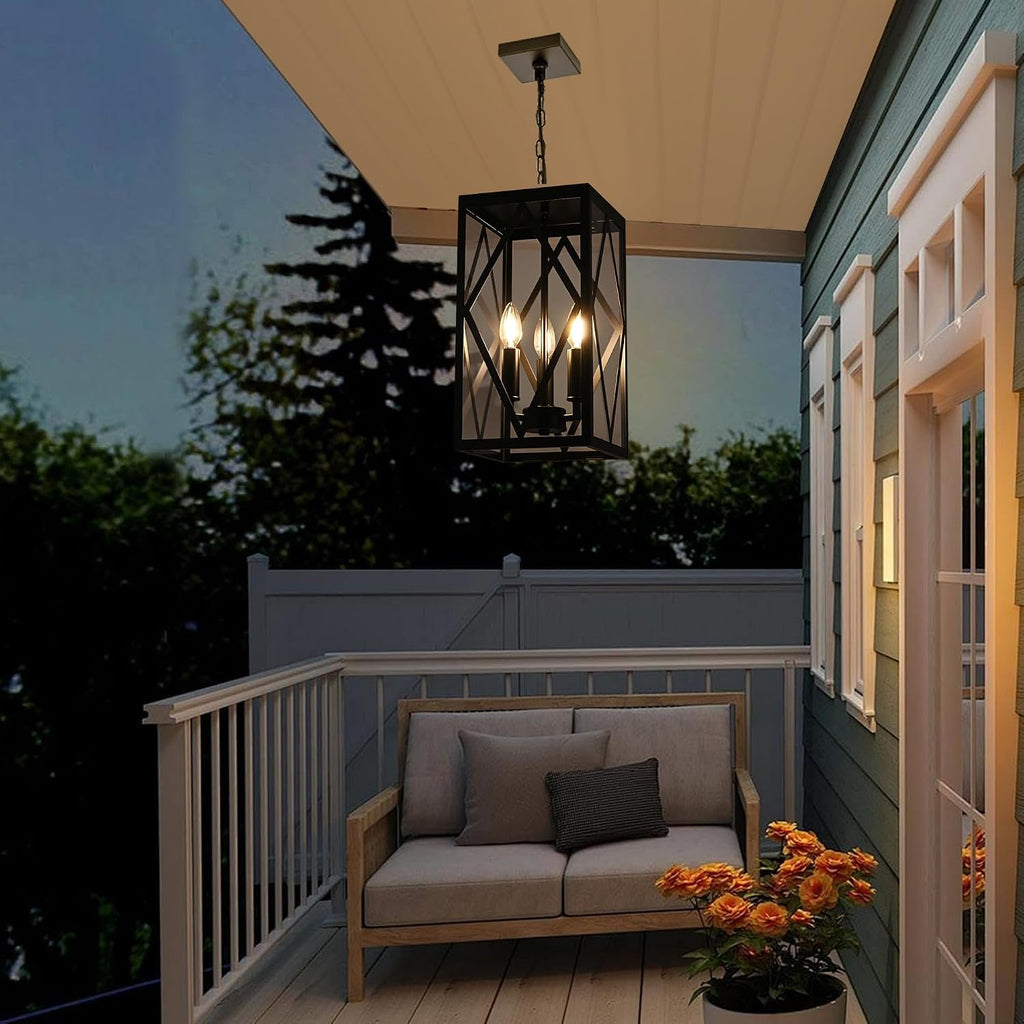 3 Light Black Outdoor Pendant Light Outside Chandelier Lantern, Modern Waterproof Exterior Hanging Light Fixture Ceiling for Front Porch Entryway Yard Patio (Bulb NOT Included)