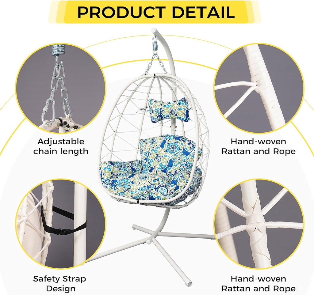 Egg Chair with Stand, Wicker Hanging Chair for Outdoor Patio, Cushioned Hammock Swing for Bedroom Garden Indoor/Outdoor, Double-Zipper Structure Hanging Egg Chair (White and Moroccan)